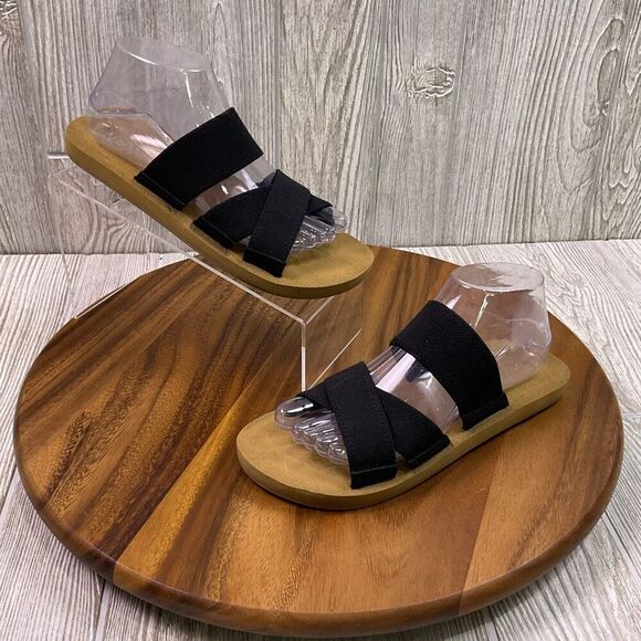 Roxy Women's 8.5 Open Toe Tan Black Cork Canvas Sandals Slides Beach - Picture 1 of 9